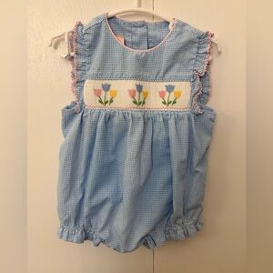 Blue Gingham Kids One Piece with Floral Embroidery